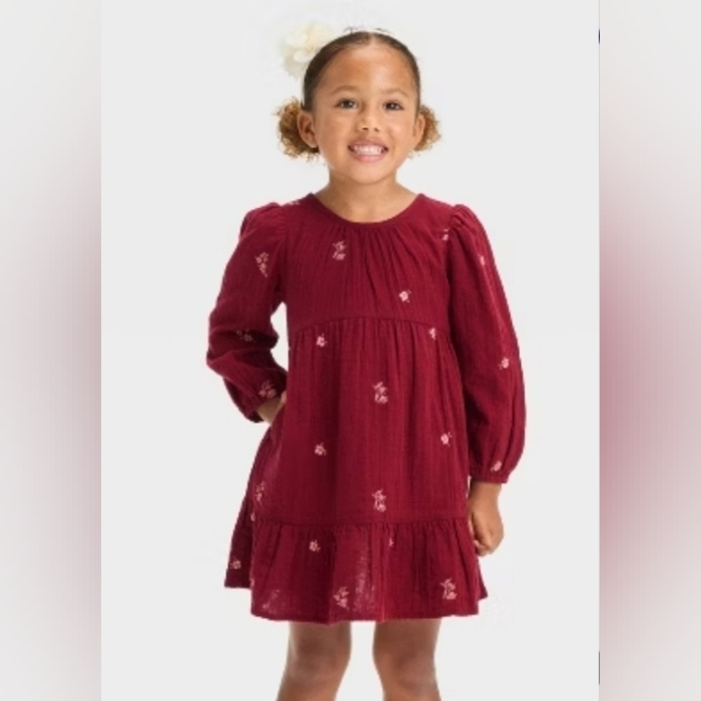 Cat & Jack Toddler Girls' Floral Long Sleeve Dress Dark Red